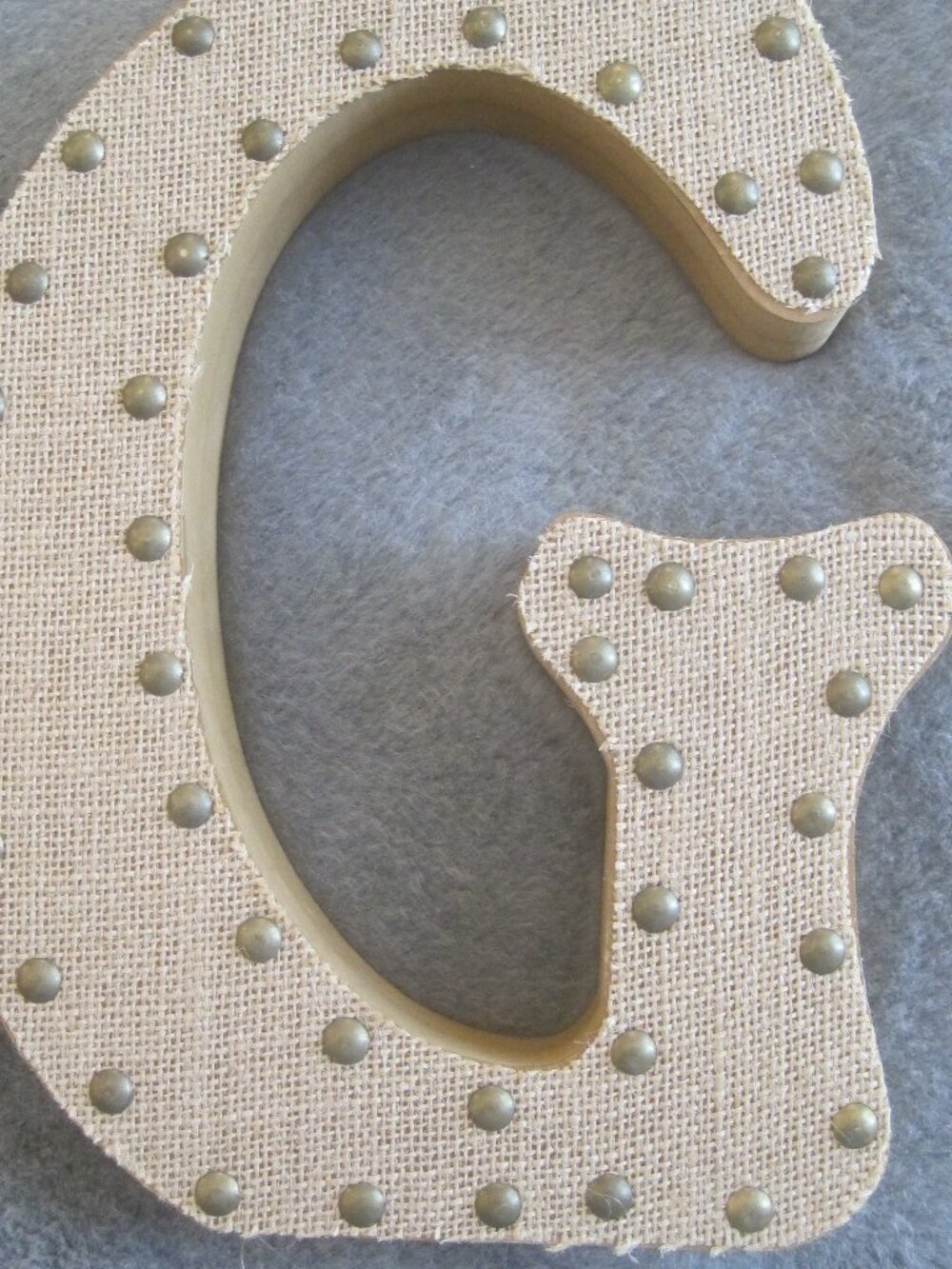 HOBBY LOBBY WOOD AND BURLAP LETTER "G" WITH BRASS STUD DETAIL